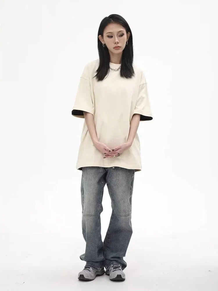 deanwangkt High Street Fashion Brand Made Old Wash Zipper Pocket Woodcut Jeans Vintage Loose Straight Leg Pants Women's Jeans - Deanwangkt