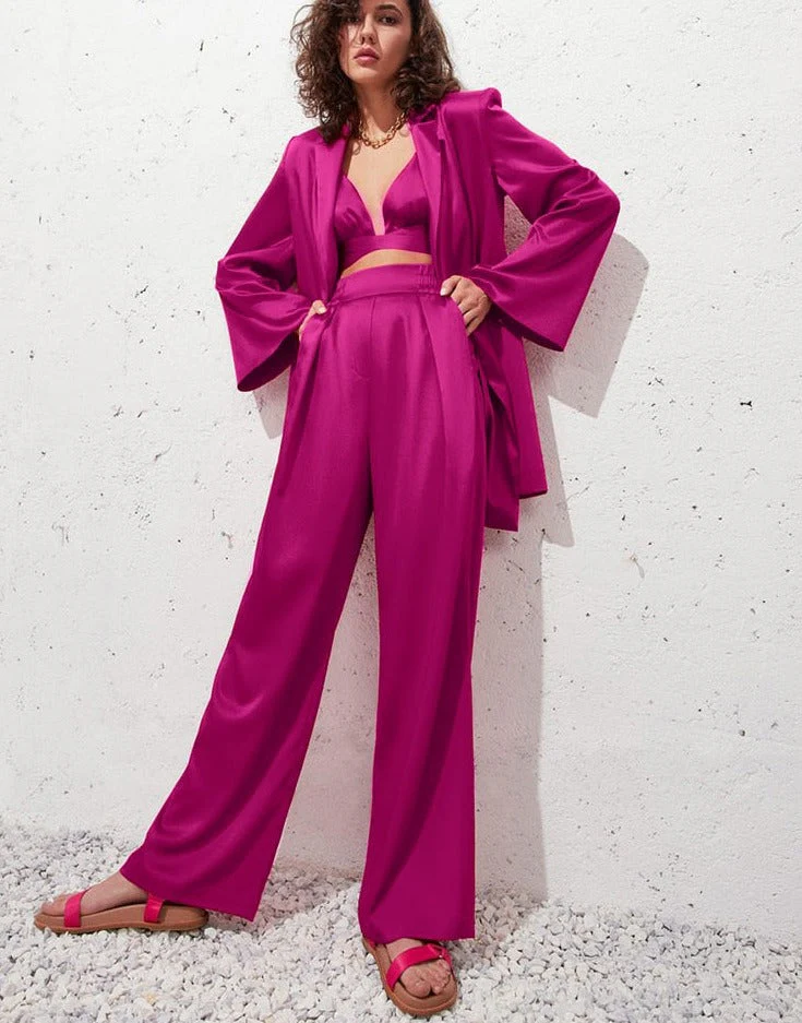 deanwangkt  Solid Ladies Pink Blazer Fashion Spring  Long Sleeve Oversized Women Blazer Coat Elegant Sashes Satin Jackets - Deanwangkt