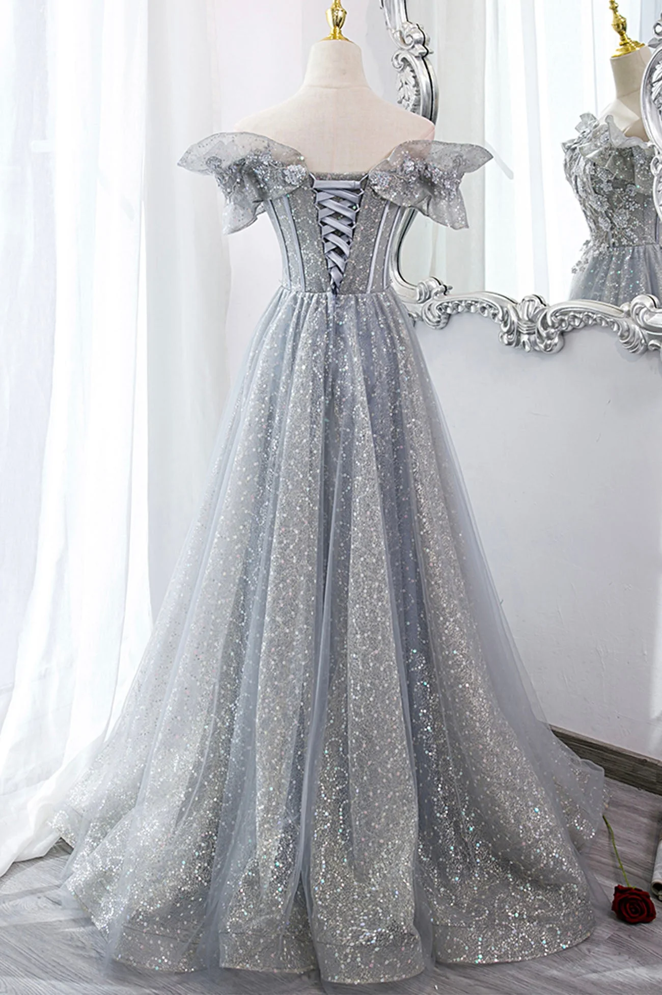 solvbao Gray Tulle Lace Long Prom Dresses, A-Line Sequins Evening Dresses - Deanwangkt