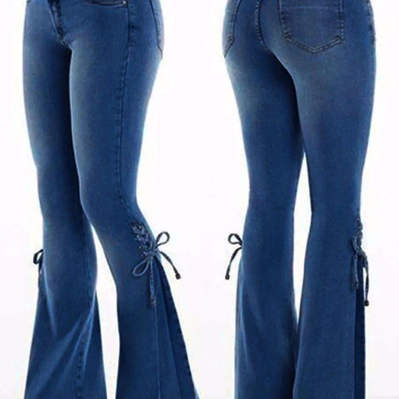 deanwangkt Laced Bell-Bottom Jeans, Stretchy Mid-Rise Boot Cut Flared Leg Jeans, Stylish Pants For Every Day, Coquette Aesthetic Fairy Core Style, Women's Clothing & Denim - Deanwangkt