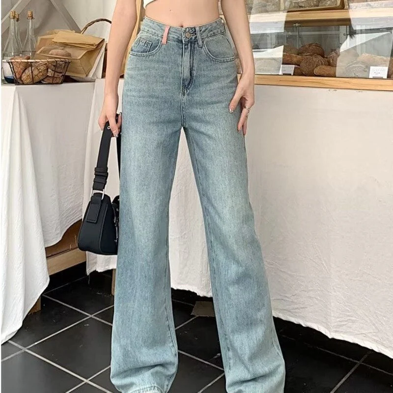 deanwangkt Baby Blue Loose Straight Jeans Women's High Waist Thin Summer Thin Design Tassel Versatile Wide Leg Pants Trend - Deanwangkt