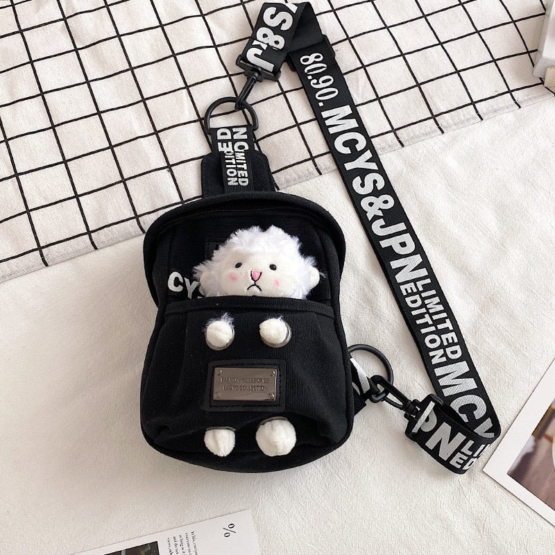 deanwangkt Cute Plush Toy Inside Chest Bag For Women Casual Canvas Bag Women Crossbody Bags Letter Print Strap Shoulder Bag Women Bolso Sac - Deanwangkt