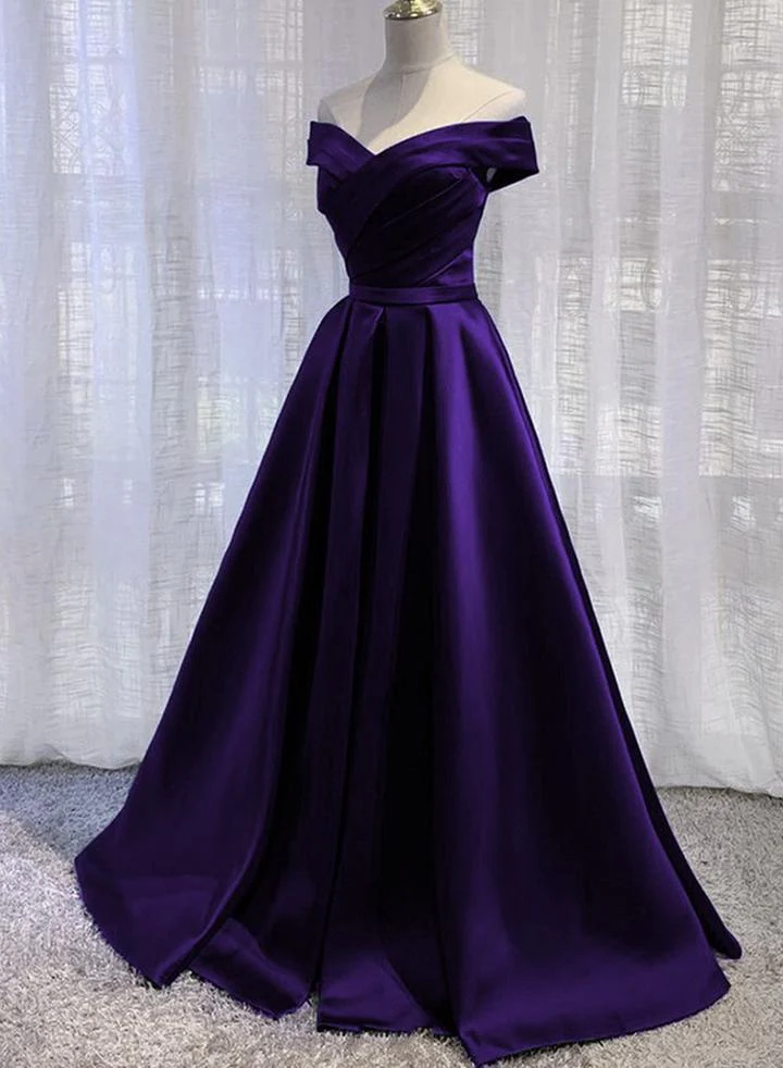 Solvbao Simple Off Shoulder Satin Long Prom Dress, Dark Purple Party Dress Evening Gown - Deanwangkt