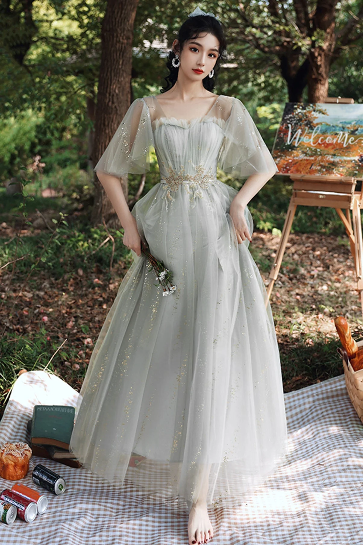 solvbao Grey Lace Long Prom Dresses, A-Line Evening Dresses - Deanwangkt