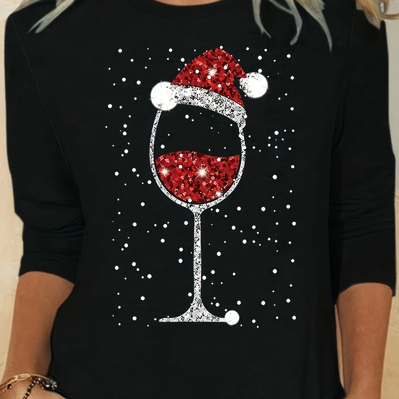 Plus Size Christmas T-shirt, Women's Plus Christmas Hat Wine Glass Print Long Sleeve Round Neck Medium Stretch T-shirt - Deanwangkt