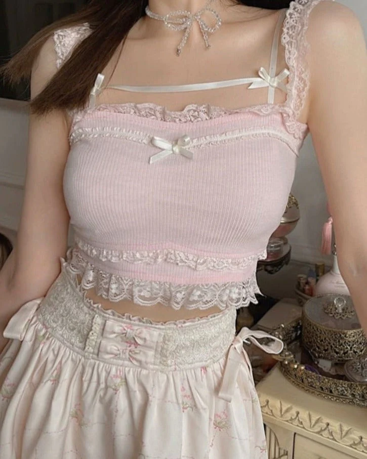 Pink Japanese Kawaii Lolita Crop Top Women White Korean College Style Sweet Tank Top Bow Lace France Princess Vset Female - Deanwangkt