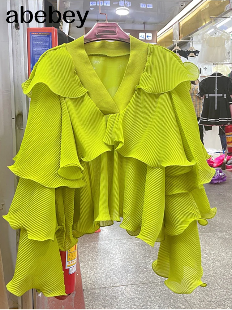 deanwangkt Striped Patchwork Ruffle Blouse For Women V Neck Long Sleeve Elegant Shirt Female Fashion Clothing Spring - Deanwangkt