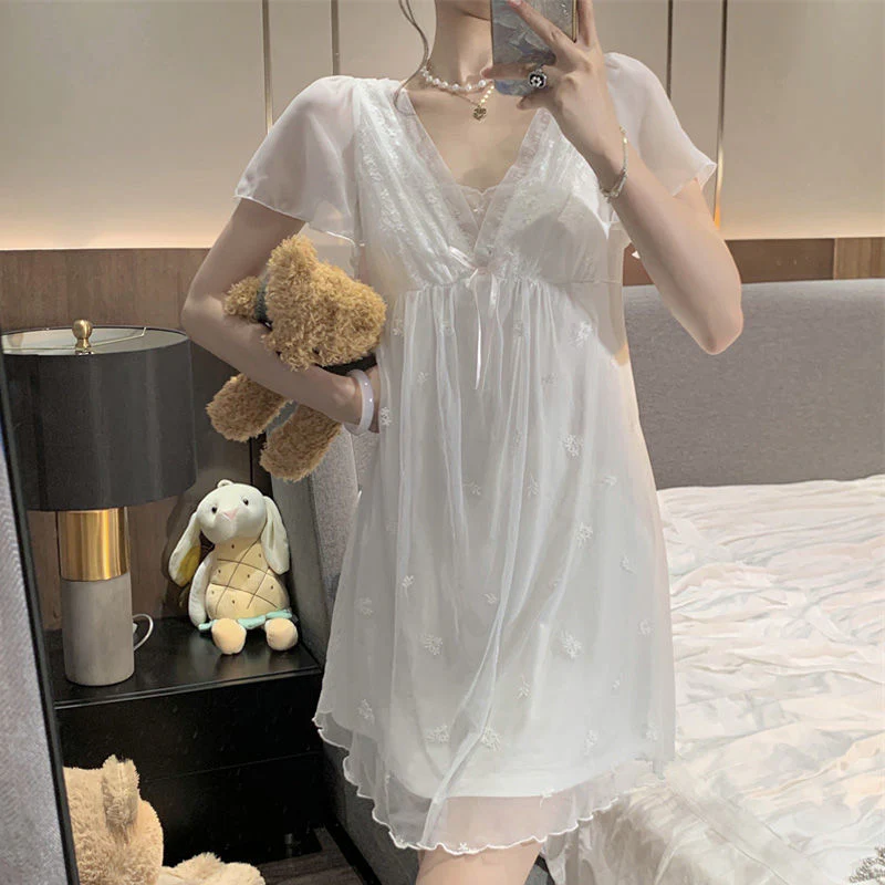 Sleepwear Women Nightwear Women's Sweet New Summer Long-sleeved Sexy Lace Home Clothes Night Gown Sleep Dress - Deanwangkt