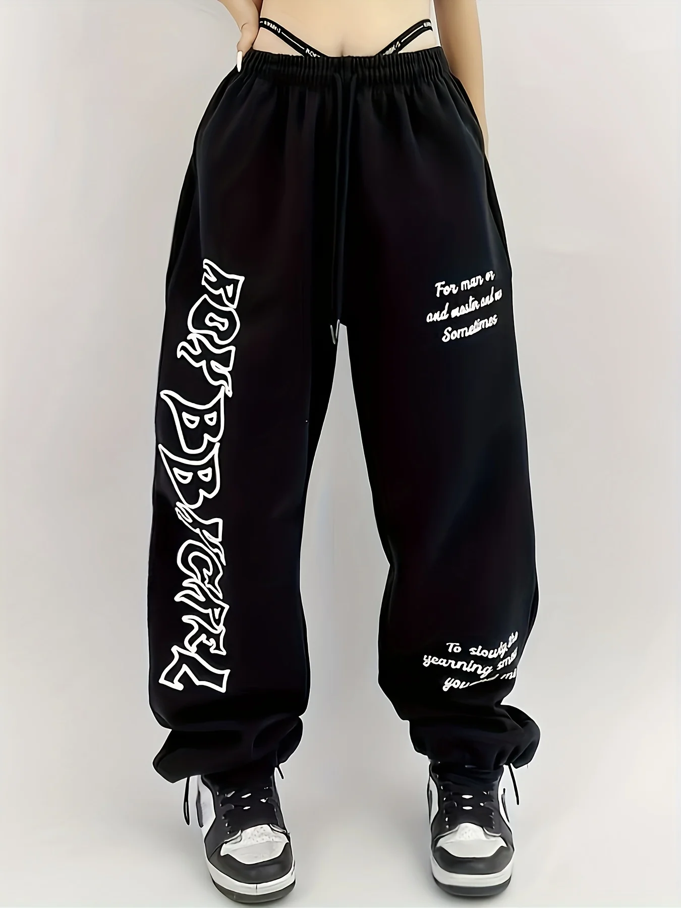 deanwangkt-1  Letter Print Casual Sporty Pants, Loose Fit Drawstring Elastic Waist Sports Trousers, Women's Activewear - Deanwangkt