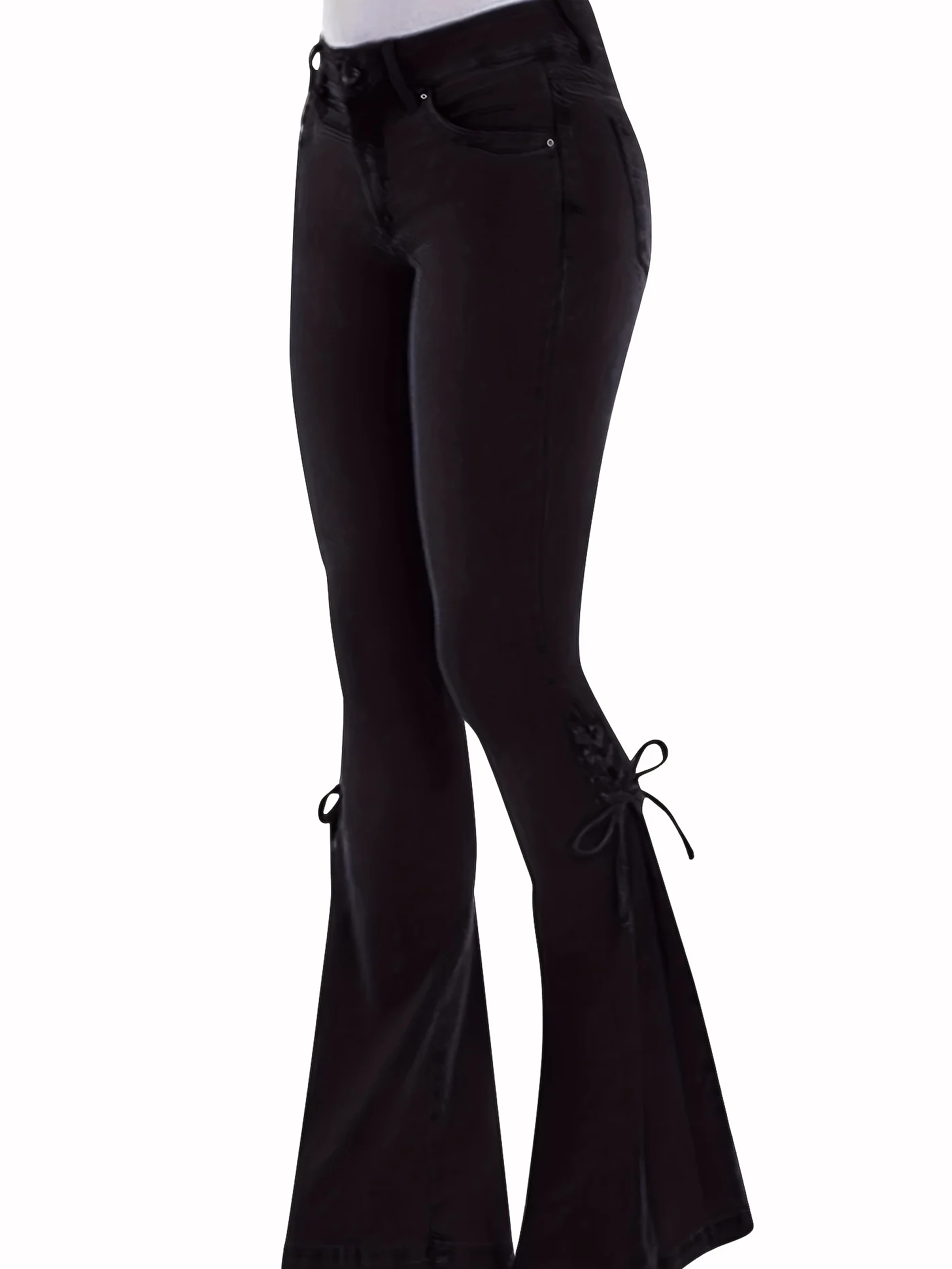 deanwangkt Laced Bell-Bottom Jeans, Stretchy Mid-Rise Boot Cut Flared Leg Jeans, Stylish Pants For Every Day, Coquette Aesthetic Fairy Core Style, Women's Clothing & Denim - Deanwangkt