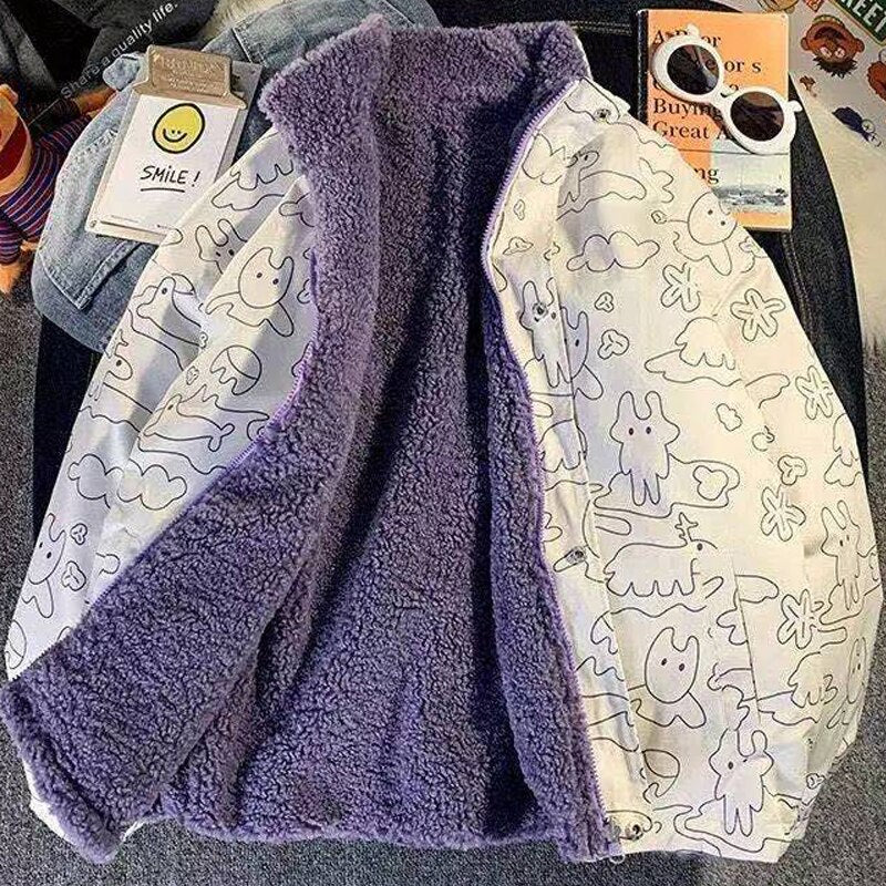 deanwangkt Women Double Sided Jacket Imitation Lambswool Winter Warm Coats Pattern Outerwear Oversized Tops Fashion Reversible Jacket - Deanwangkt