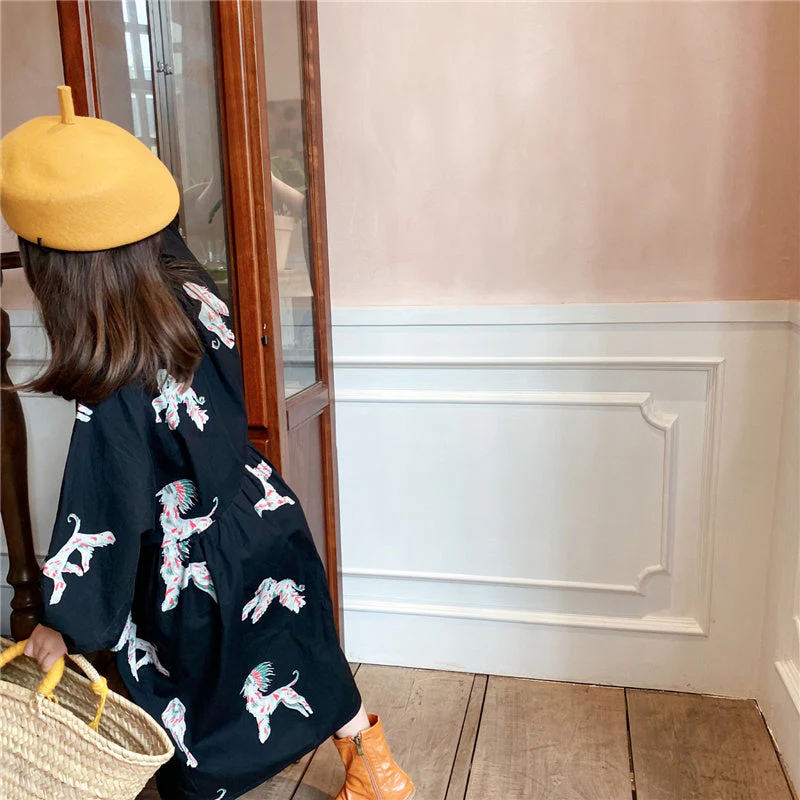 deanwangkt  Spring autumn kids colorful pony printing oversized long dress for girls cotton loose puff sleeve high quality dresses - Deanwangkt