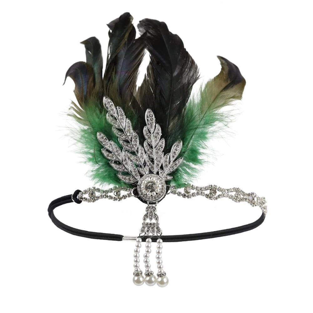 deanwangkt 1920S Flapper Headband Feather Headpiece Roaring 20S Great Gatsby Inspired Leaf Medallion Pearl Headband Women Hair Accessories - Deanwangkt