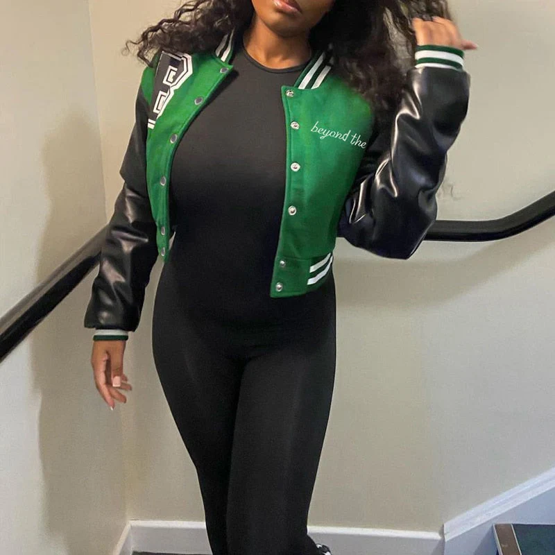 deanwangkt Patchwork Crop Jacket Varsity Women Autumn Winter Casual Oversized Y2k Fashion Baseball Coat - Deanwangkt