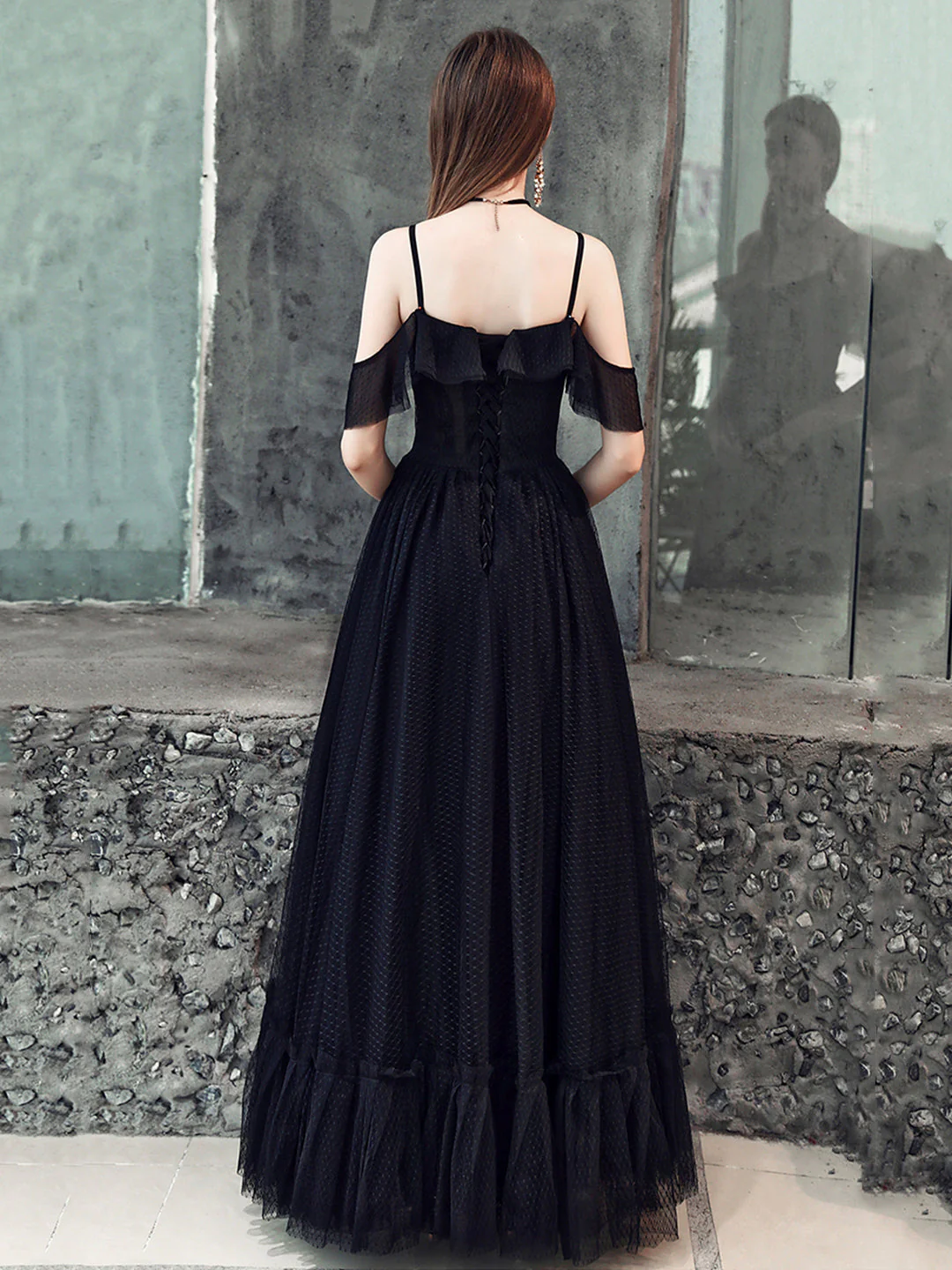 solvbao Black Spaghetti Strap Tulle Floor Length Formal Dress, A-Line Black Party Dress with Lace - Deanwangkt