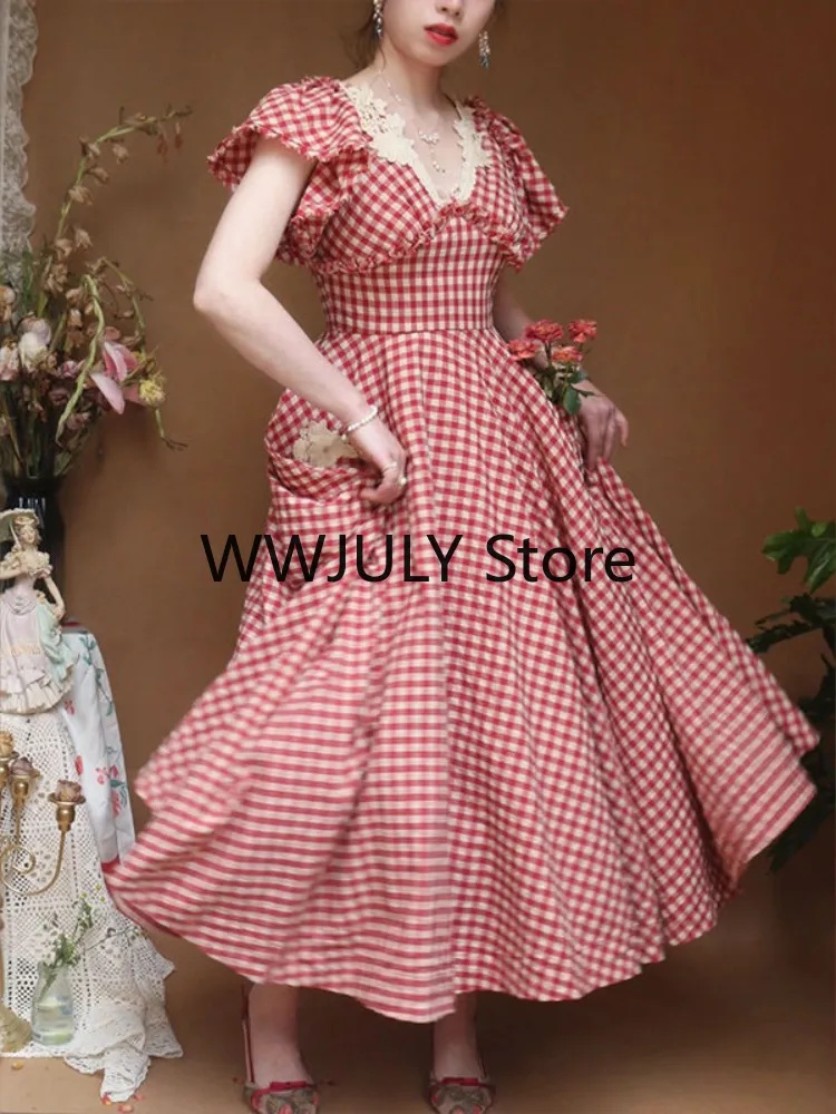 Joskka Elegant Plaid Midi Dress Woman French Style Short Sleeve Dress Even Party Casual Fashion Dress Lace Design  Summer Chic - Deanwangkt