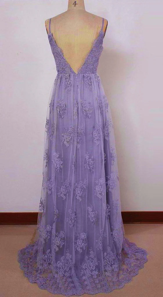 Solvbao Beautiful Light Purple Straps with Lace Elegant Party Dress, Tulle Evening Gowns - Deanwangkt