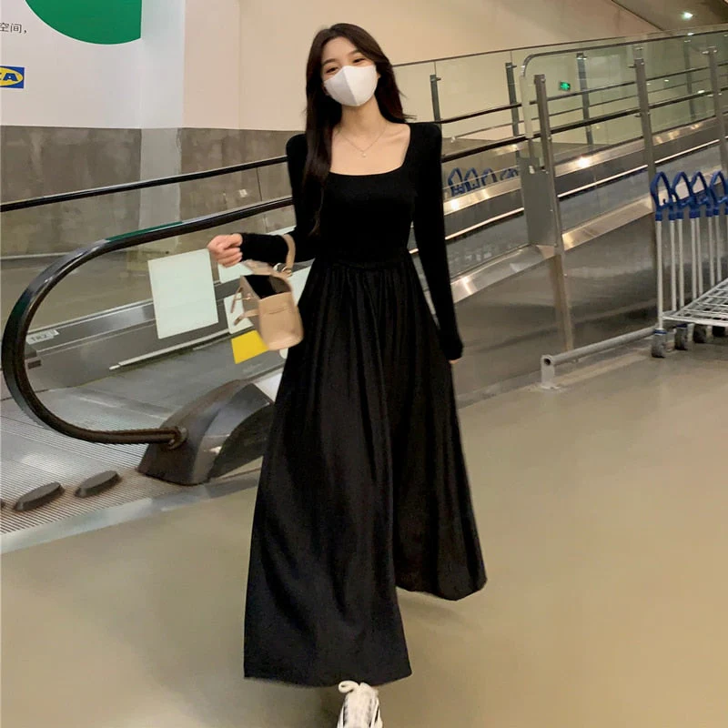 deanwangkt Spring  New Hepburn Style Gentle Temperament Pocket Waist Slim Panel Large Hemline Long Sleeve Dress - Deanwangkt