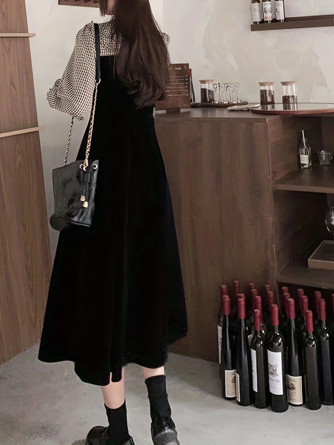 deanwangkt-1  Plaid Print Splicing Dress, Elegant V Neck Long Sleeve Midi Dress, Women's Clothing - Deanwangkt