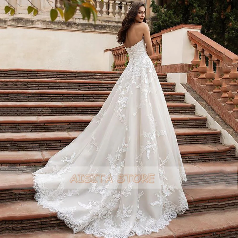 Luxury A Line Wedding Dresses  Elegant Strapless Lace Appliques Bride Dress Sleeveless Tulle Bridal Gowns Vestidos De Novia - Deanwangkt