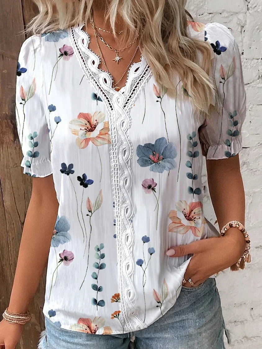deanwangkt Casual V Neck Lace Hollow Out Shirt Blouse Office Lady Summer Elegant Floral Print Short Sleeve Shirts For Women White Tops - Deanwangkt