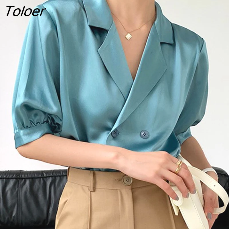 deanwangkt Pink Satin Blouse Women Summer Notched Solid Silk Woman Shirts Puff Sleeve Tops Double-breasted Casual Blue Blouses 22187 - Deanwangkt