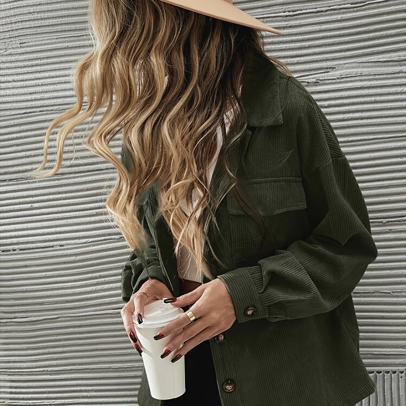 Solid Corduroy Button Down Jacket, Casual Long Sleeve Lapel Jacket, Women's Clothing - Deanwangkt