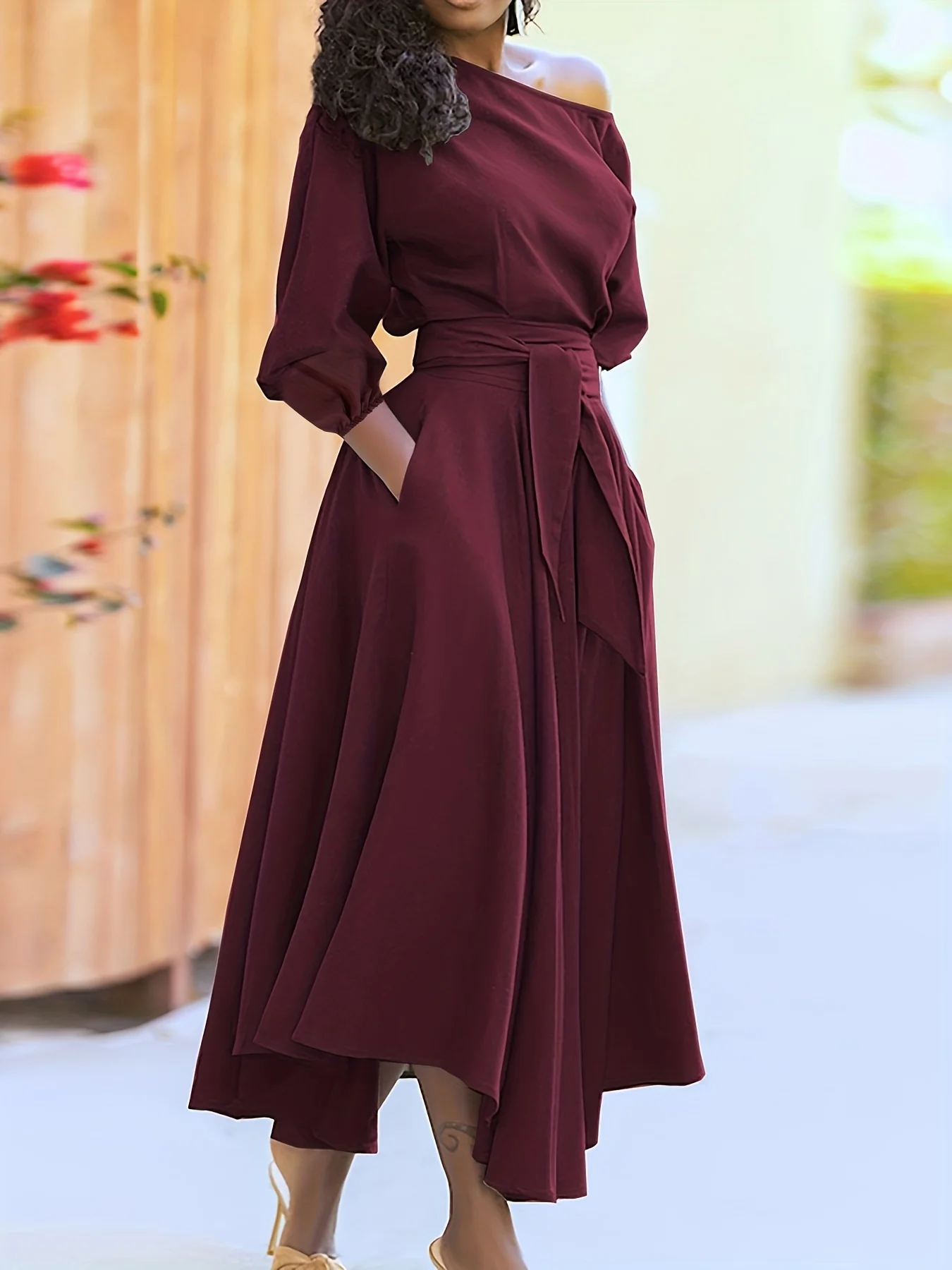 Slant Shoulder Neck Tie Waist Dress, Elegant Dual Pockets Short Sleeve Dress, Women's Clothing - Deanwangkt