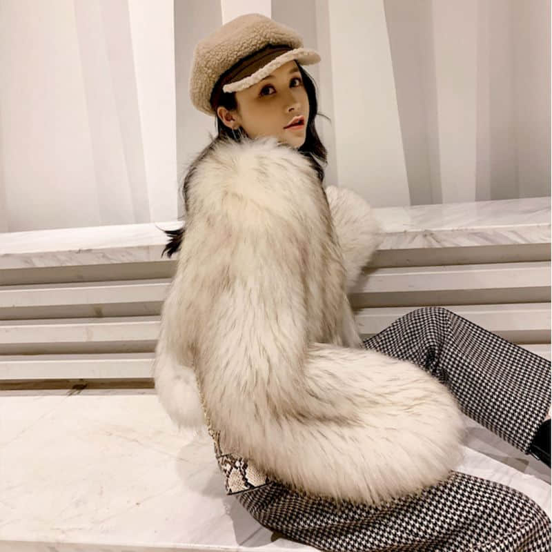 deanwangkt Women's fur coat elegant sexy high street clothing new short fox raccoon fur trumpet sleeve fashion western Retro thick jacket - Deanwangkt