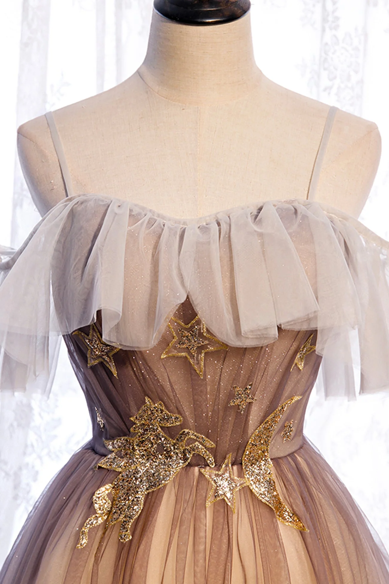 solvbao A-Line Long Spaghetti Strap Tulle Prom Dress, Ombre Evening Dress - Deanwangkt