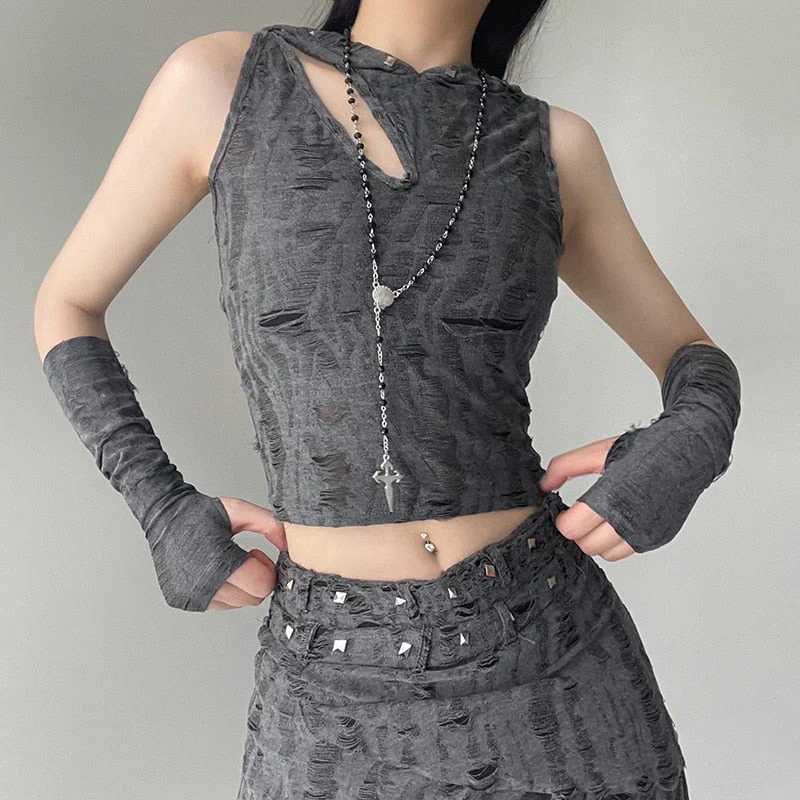 deanwangkt Frayed Cut Out Cyber Y2k Tank Tops Gothic Punk Rivet Hooded Sexy Female Crop Top Grunge Bodycon Streetwear With Gloves - Deanwangkt