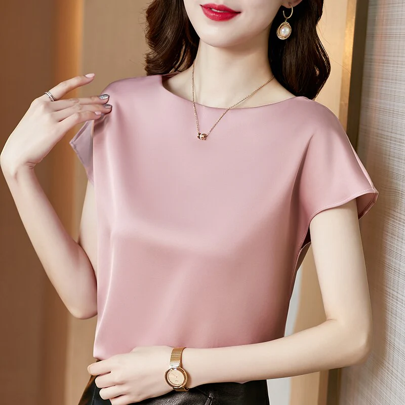 Graduation Gifts  Office Lady Tops Summer Short Sleeve Blouses Satin Blouse Women Shirts Fashion Simple Solid Plus Size Loose Shirt Blusas - Deanwangkt
