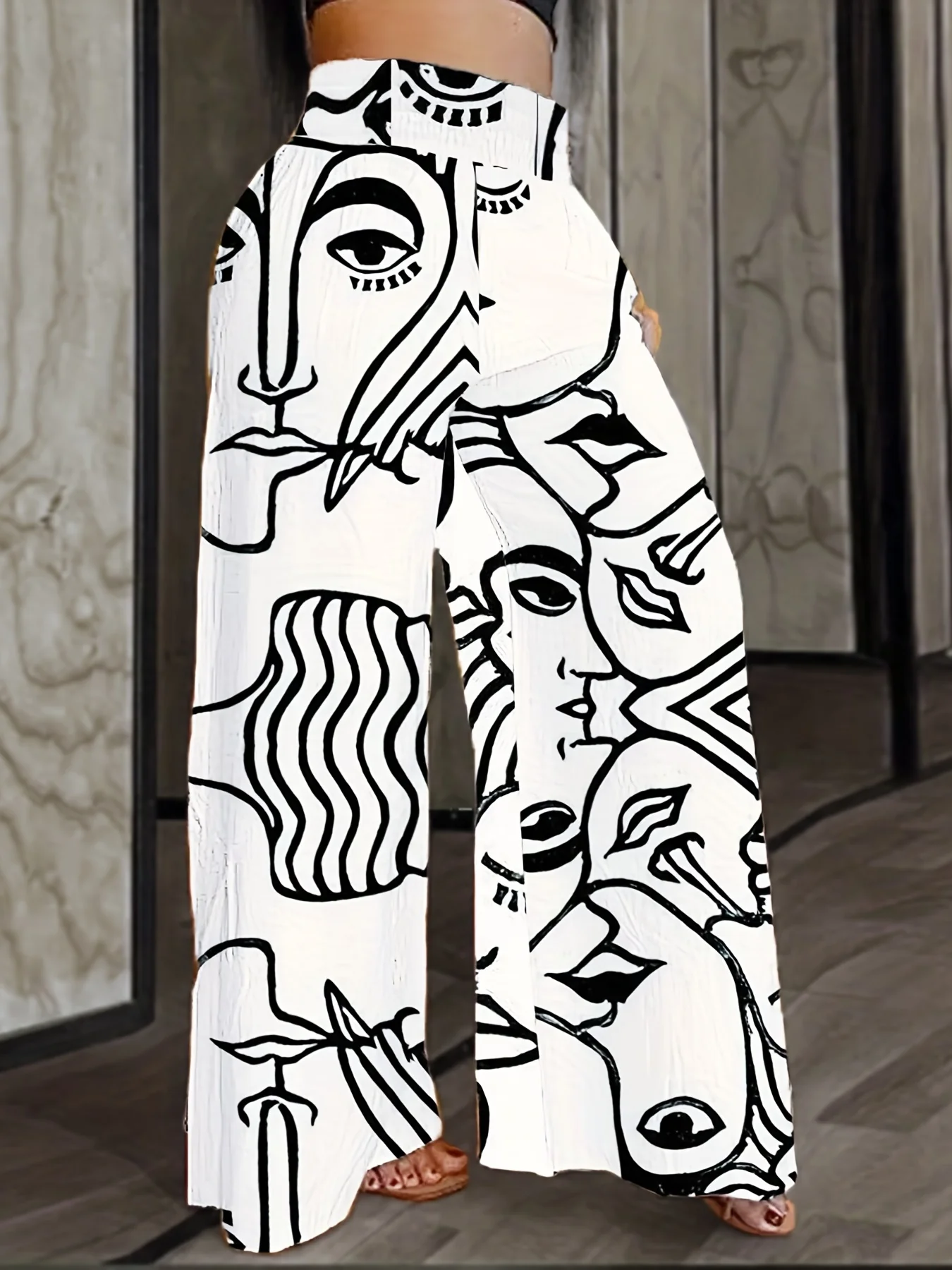 Plus Size Casual Pants, Women's Plus Abstract Figure Print High Waist Wide Leg Loose Pants - Deanwangkt