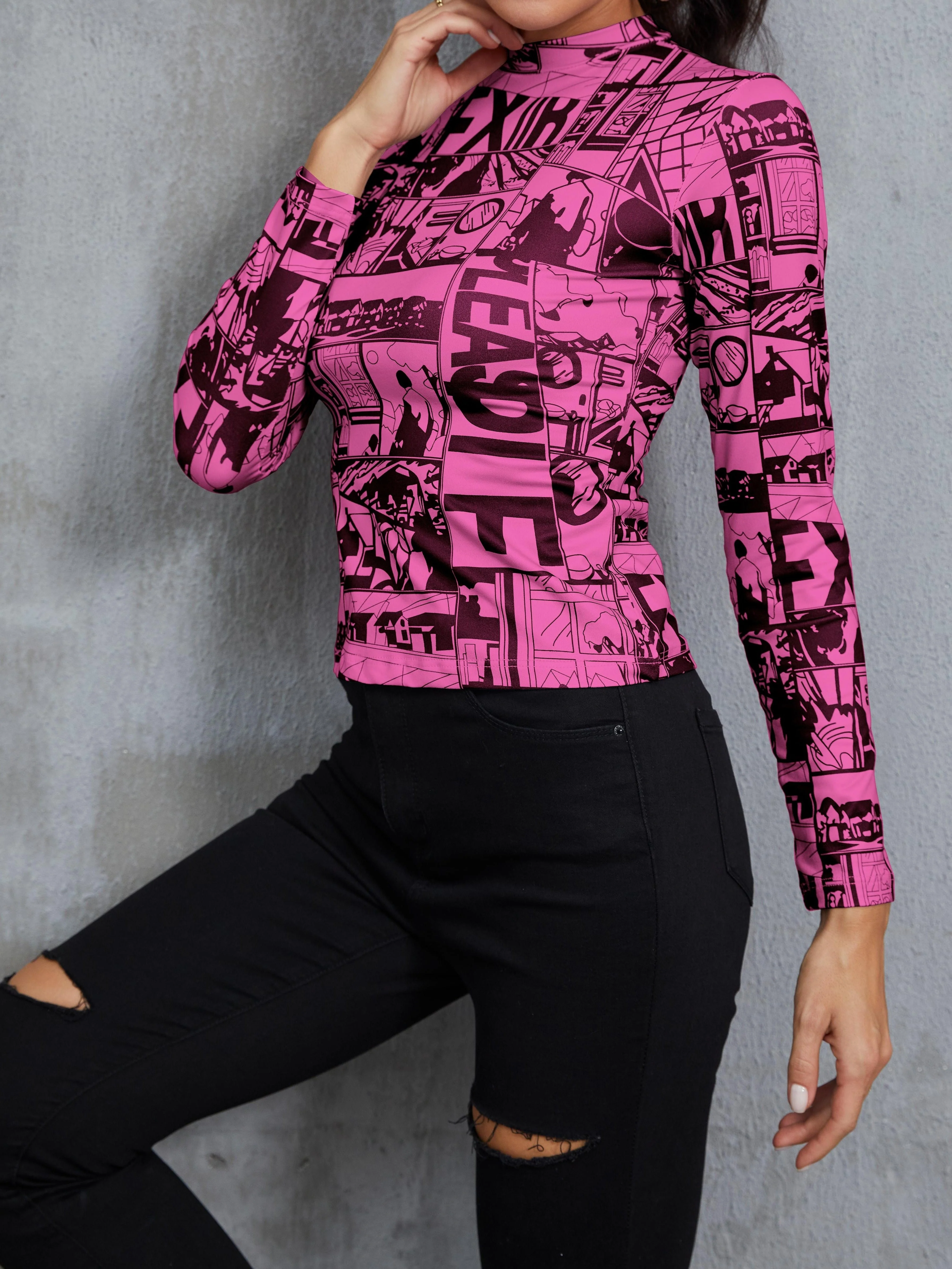 deanwangkt-1 Y2K Anime Print T-Shirt, Long Sleeve High Neck Casual Top, Women's Clothing - Deanwangkt