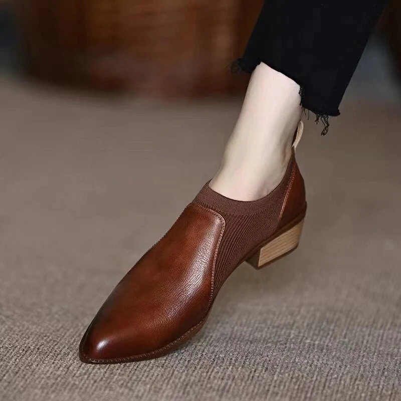 deanwangkt Autumn New Soft Work Shoes,Women Mid Heels,Stretch,Pointed Toe,Slip On British Style - Deanwangkt
