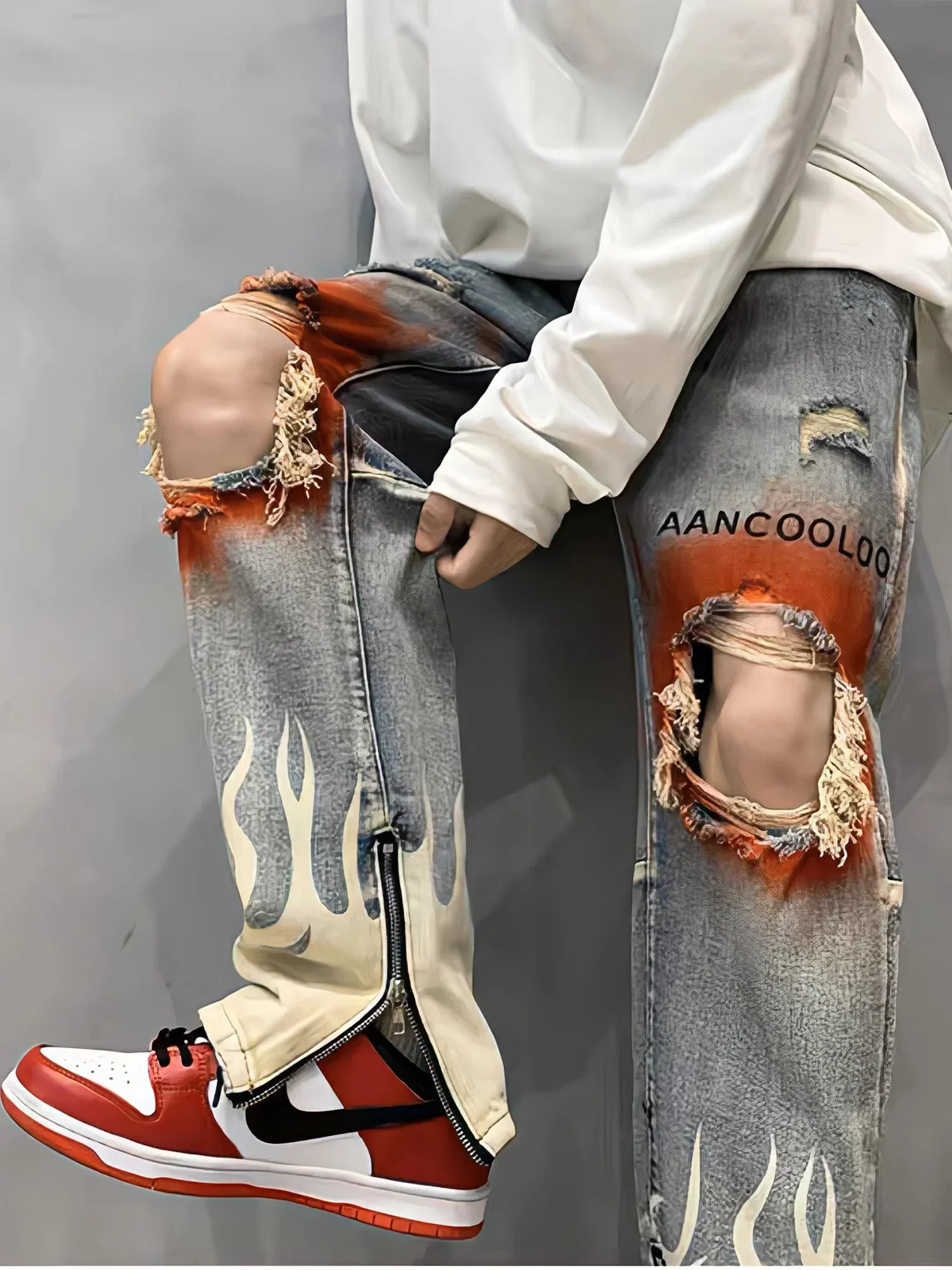deanwangkt Retro Streetwearflame Print Jeans Y2k Blue Fashion Ripped Wide Leg Pants Hip Hop Gothic Harajuku High Waist Women Trousers - Deanwangkt