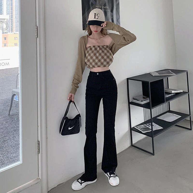 deanwangkt High-waisted Stretch Tail Flared Jeans Women's Autumn And Winter Slim Straight Tube Lengthened Drape Floor Mopping Pants - Deanwangkt