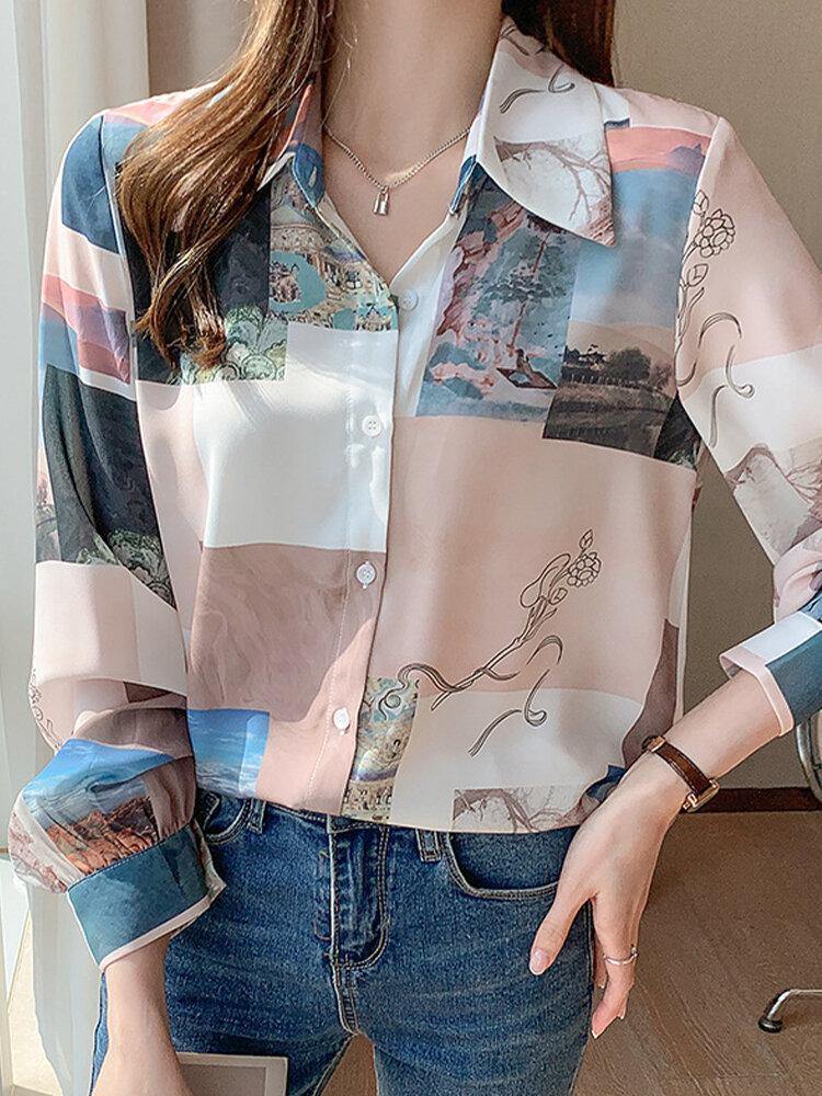 deanwangkt Women Block Landscape Print Long Sleeve Lapel Casual Blouse - Deanwangkt