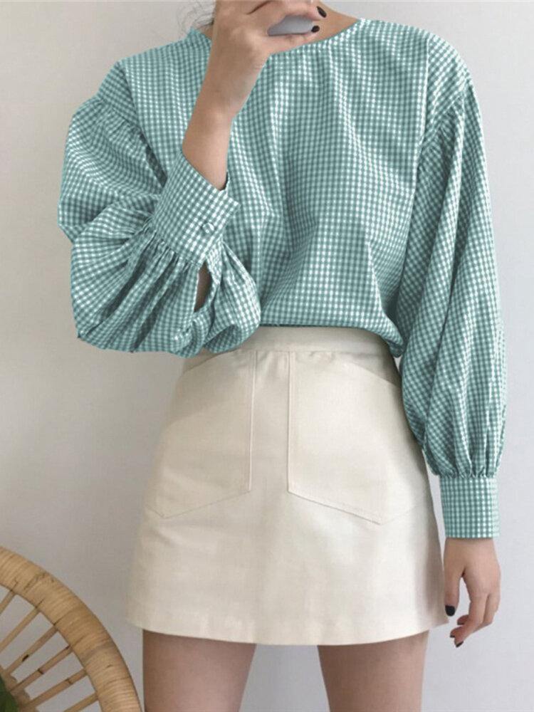 deanwangkt Puff Sleeve O-Neck Plaid Casual Loose Blouse For Women - Deanwangkt