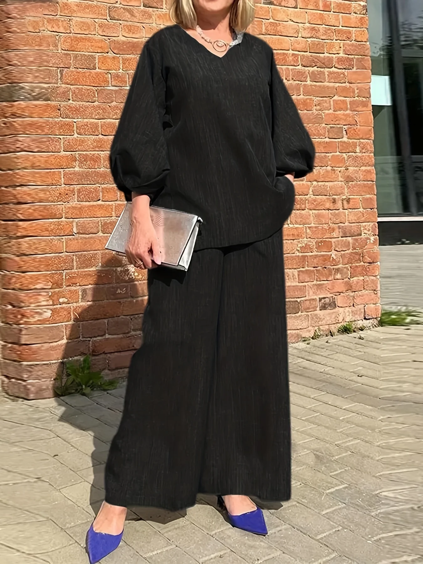 deanwangkt-1  Solid Casual Two-piece Set, V Neck Lantern Sleeve Tops & Wide Leg Pants Outfits, Women's Clothing - Deanwangkt