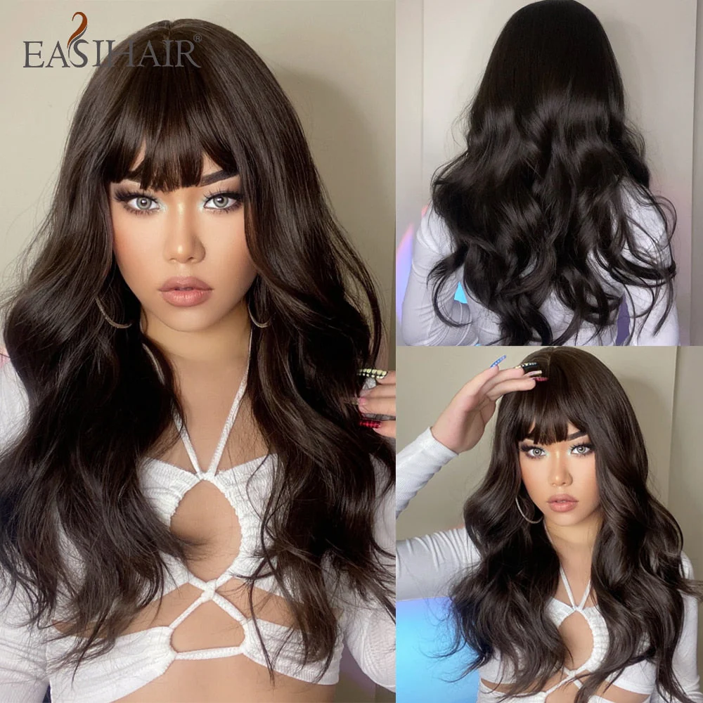 deanwangkt  Long Black Wigs Cosplay Body Wave Synthetic Wigs With Bangs For White/Black Women Brazilian American Natural Hair - Deanwangkt