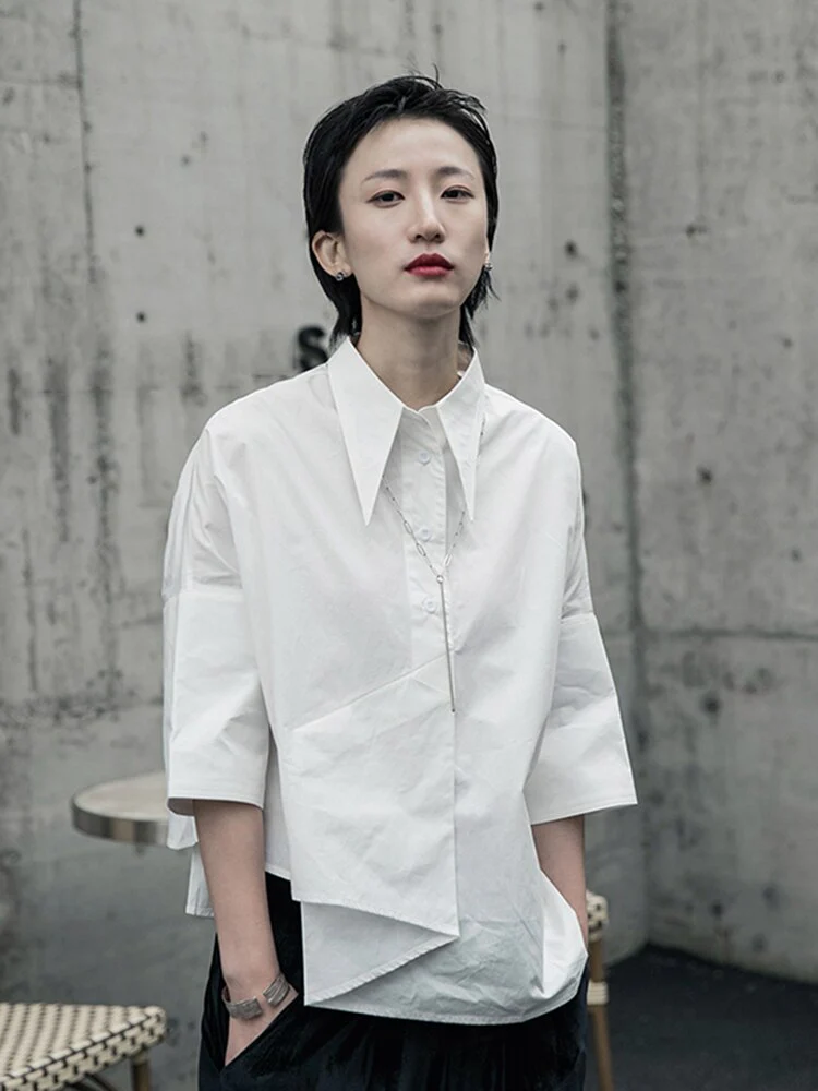 deanwangkt Women White Asymmetrical Big Size Blouse New Lapel Long Sleeve Loose Fit Shirt Fashion Tide Spring Autumn  1R590 - Deanwangkt
