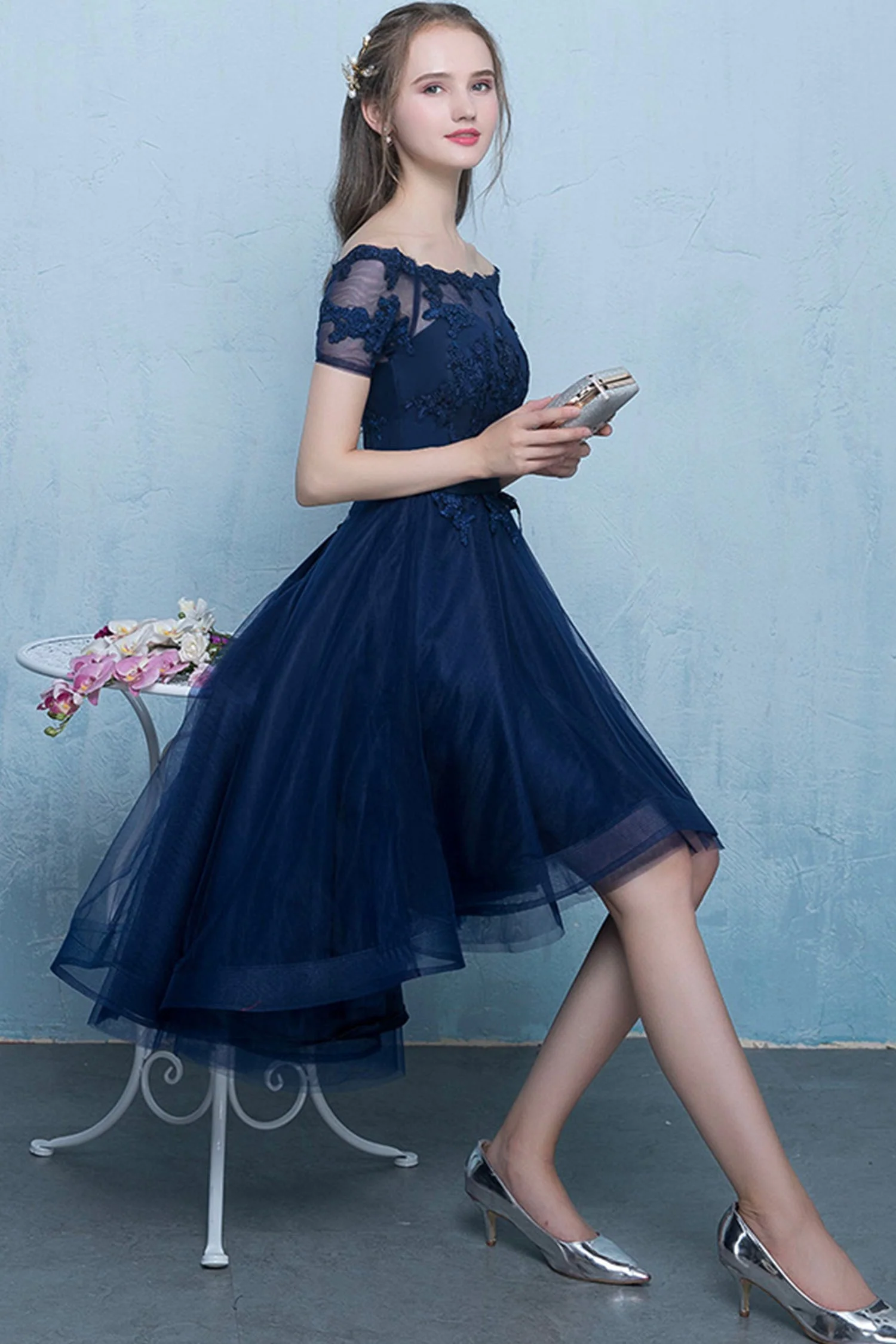 solvbao Blue Tulle Lace Short Prom Dress, High Low Evening Party Dress - Deanwangkt