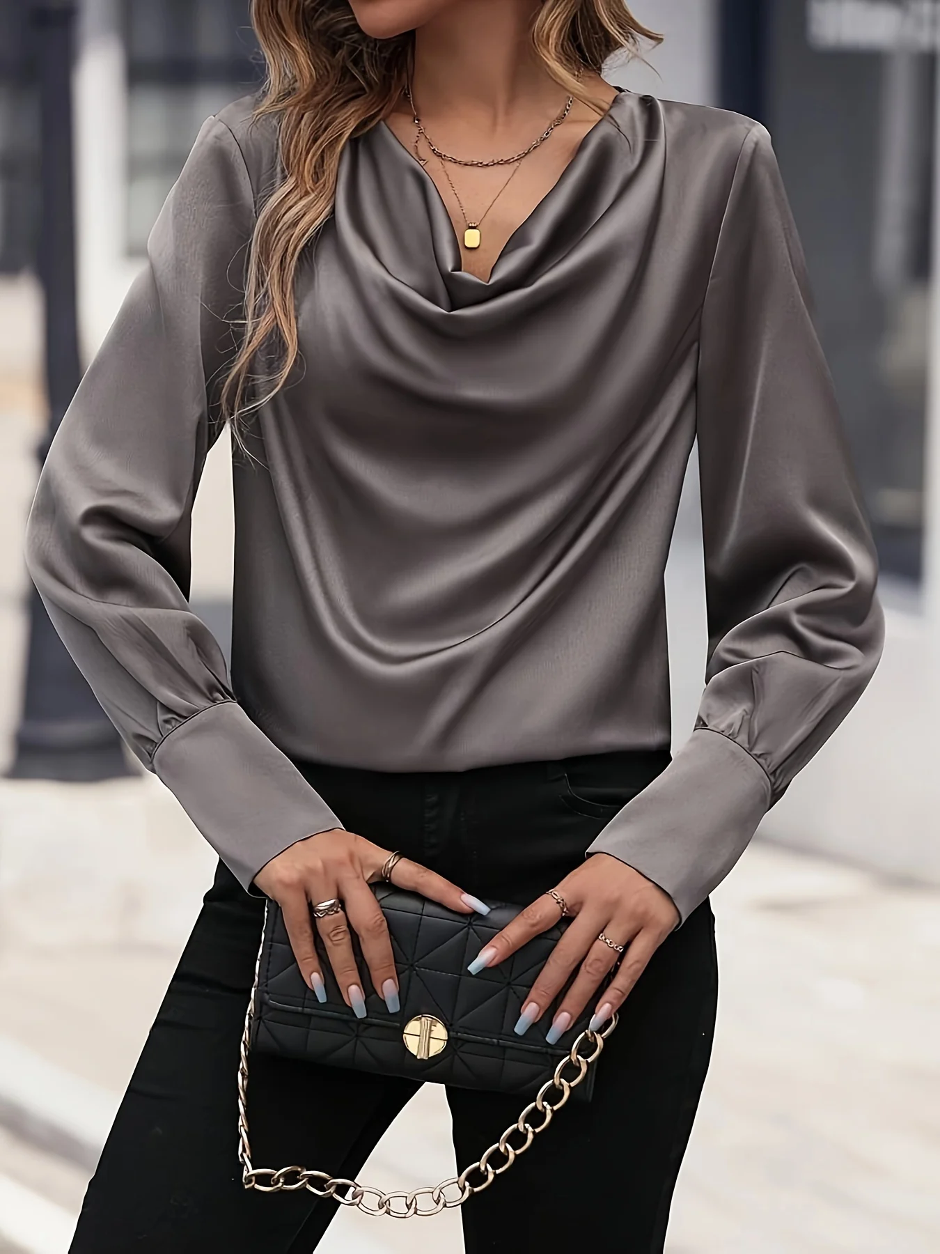 deanwangkt Solid Cowl Neck Blouse, Elegant Long Sleeve Blouse For Spring & Fall, Women's Clothing - Deanwangkt