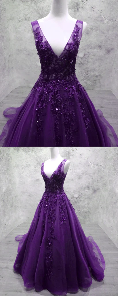 Solvbao Glam Purple V-neckline Tulle Beaded and Lace Formal Gown, Purple Long Prom Dresses - Deanwangkt