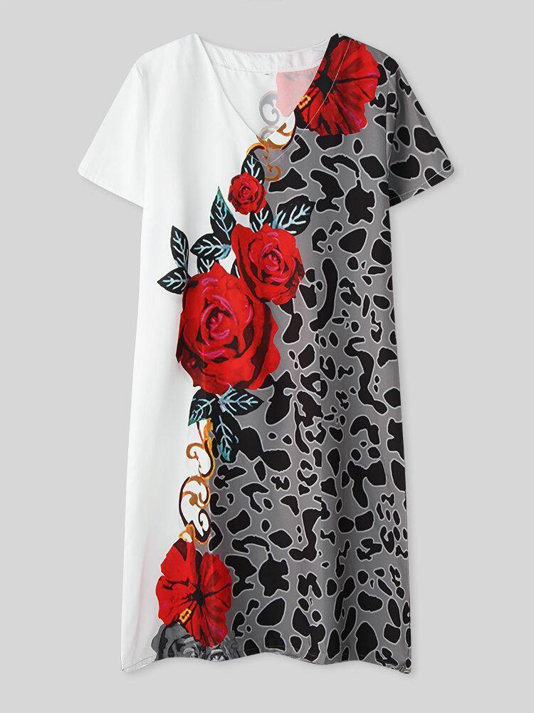 deanwangkt Women Leopard Floral Print V-Neck Casual Short Sleeve Dress - Deanwangkt