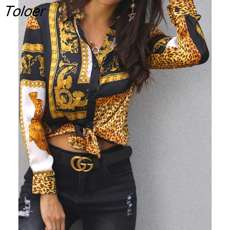 deanwangkt Spring Women Elegant Party Loose Button Shirt Turn-down Collar Female Leopard Print Knot Front Long Sleeve Blouse - Deanwangkt