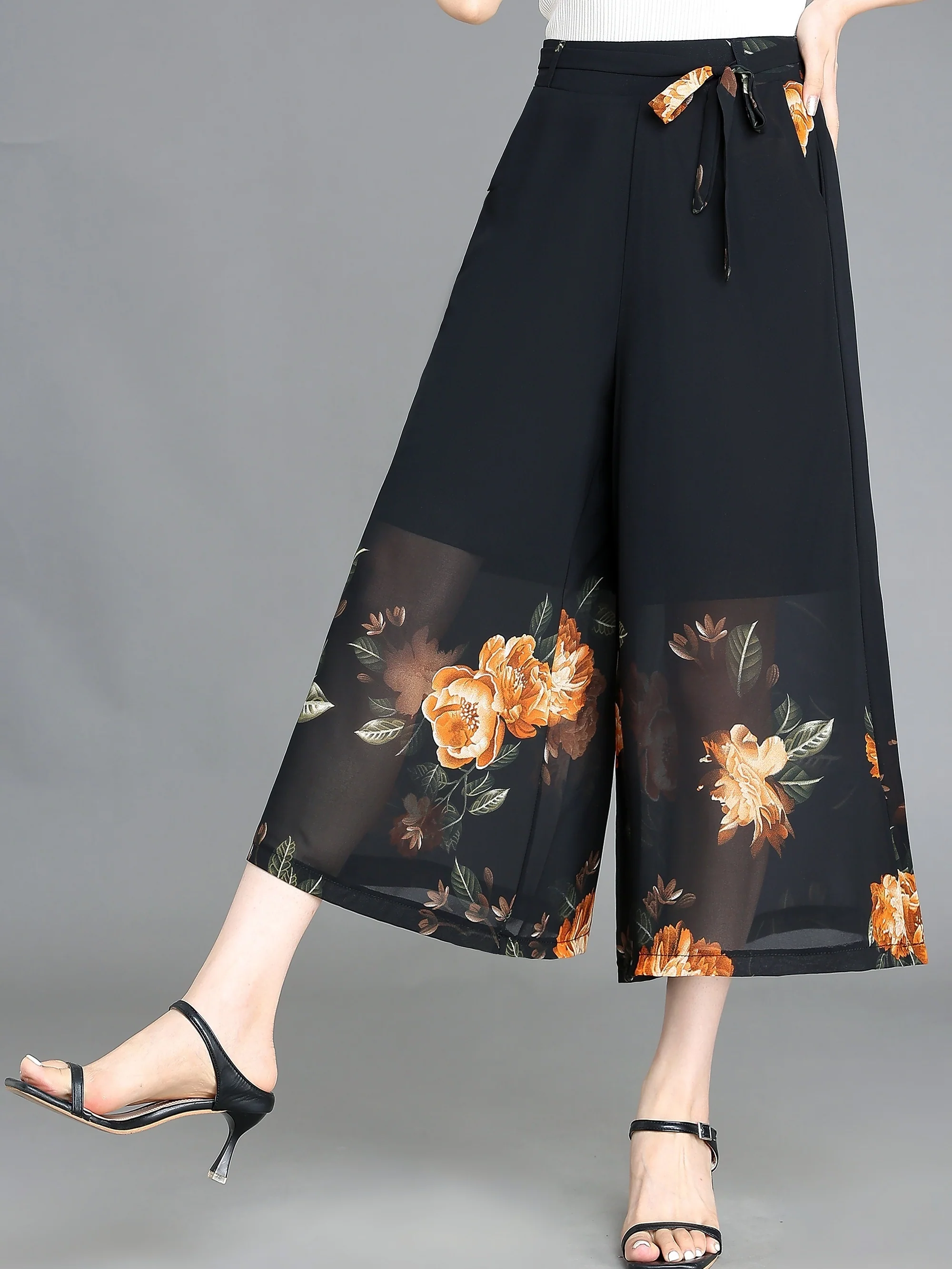 Floral Pattern Chiffon Cropped Wide Leg Pants, Casual Belted Pants For Spring & Summer, Women's Clothing - Deanwangkt