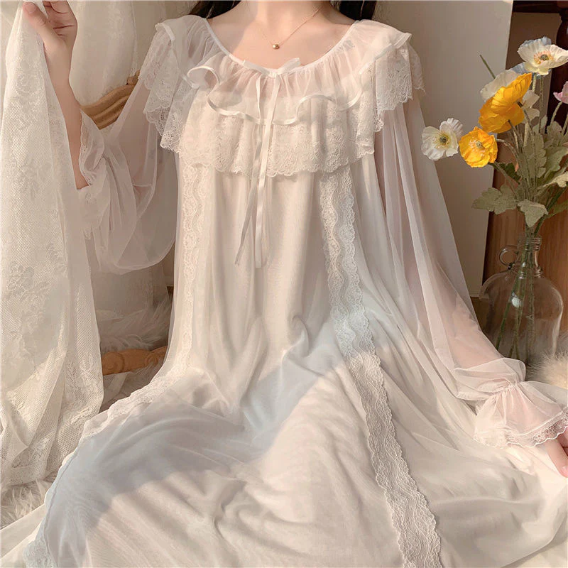 Sleepwear Women Nightwear Women's Sweet New Summer Long-sleeved Sexy Lace Home Clothes Night Gown Sleep Dress - Deanwangkt