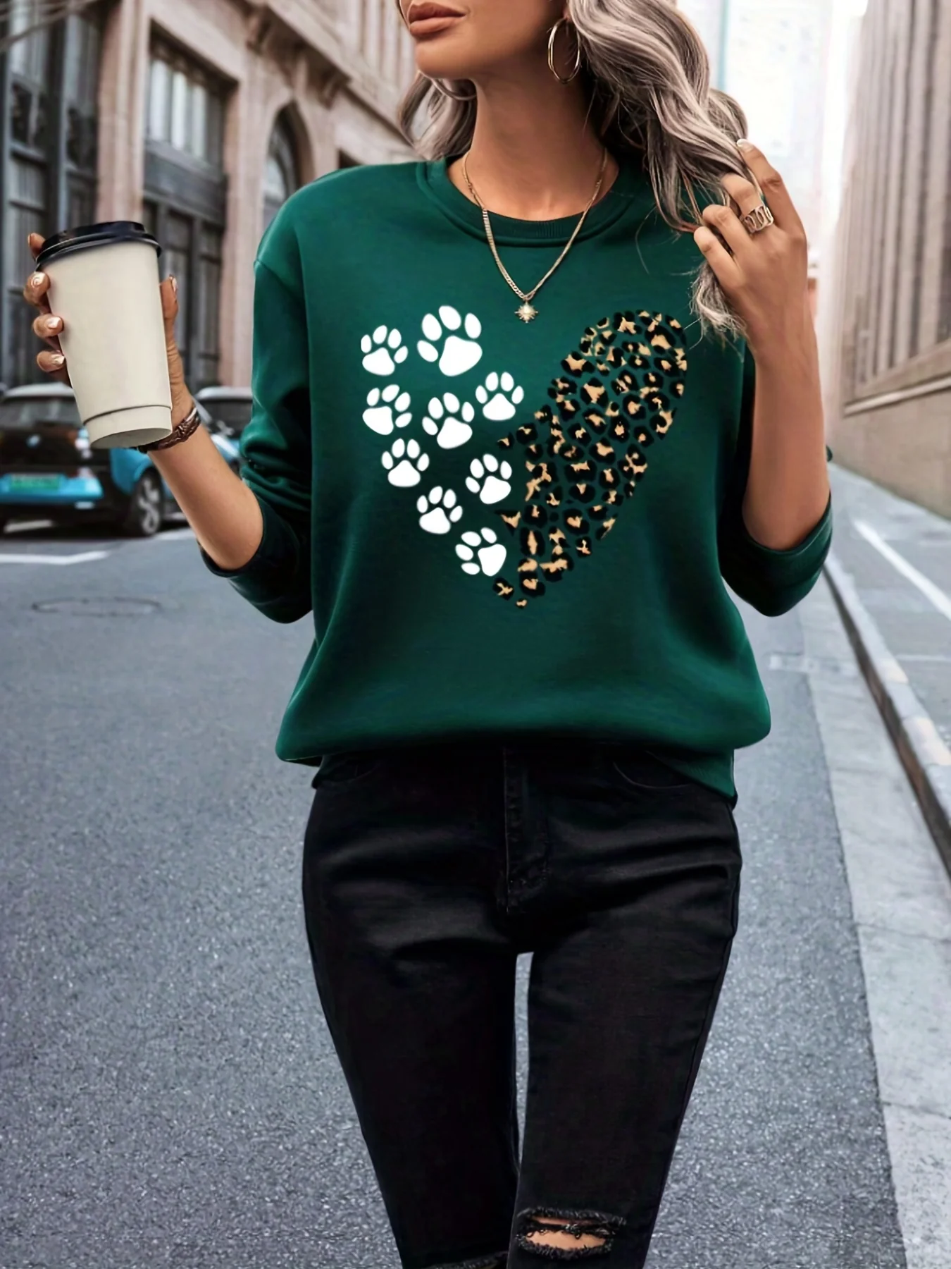 deanwangkt Leopard & Paw Print Pullover Sweatshirt, Casual Long Sleeve Crew Neck Sweatshirt For Fall & Winter, Women's Clothing - Deanwangkt